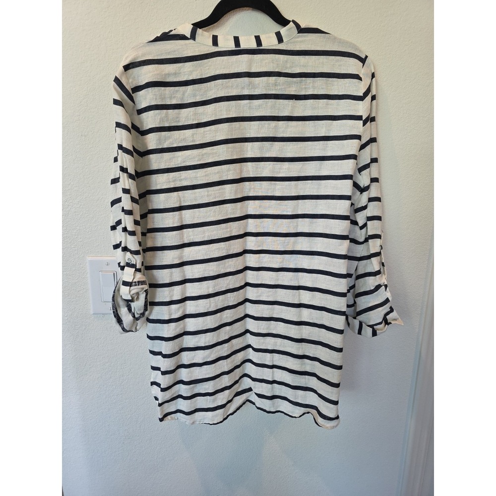 Zara Striped 100% LINEN SHIRT NAVY WHITE Sz L NWOT Quiet Luxury Euro Summer - Picture 7 of 7